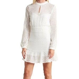 Melloday Ivory White Mock Neck Front Keyhole Eyelet Mini Dress Sz Small